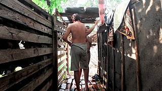 Wet Naked Body in the Shower Outside