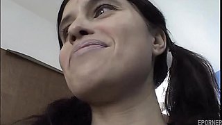 Brunette beauty captivates with daring bed passion in thrilling teen play