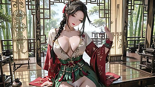 The Red-Robed Goddess in a sun-dappled secret garden, lazily turning her head with golden halos and a coy smile