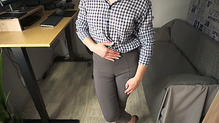 Naughty Secretary Seduces You with Her Cameltoe in Tight Trousers