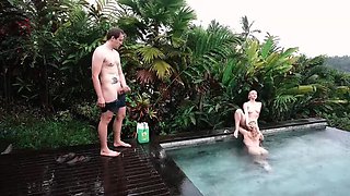 Two Blondes Threesome Pool Sex & Cumshot in Rain with Bella Mur