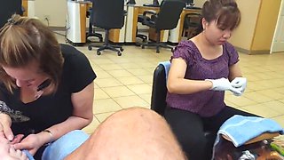 Cock flash and jack off cum shot while getting pedicure