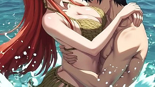 Redhead anime hentai girl fucks in the water