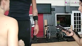 Slutty teen besties give a nice sloppy blowjob then get pounded by one lucky dude in the gym