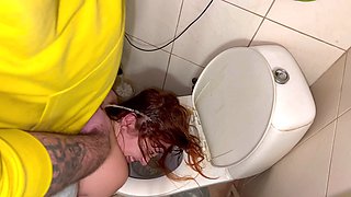 Flashing head in toilet, piss on hair and facefuck with cum in throat