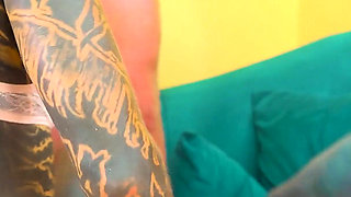 Heavy Tattooed Pornstars in Gangbang with 8 Big Cocks