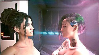 Naked cyberpunk characters in Night City featuring Panam's big boobs and curvy caboose