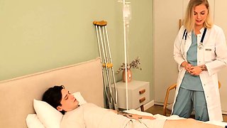 Sexy nurse allows patient to cum inside her taut pussy.