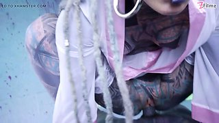 Tattooed Chick's Tattooed Dick riding Passion Glasses, Buttplug, and DP, Facial