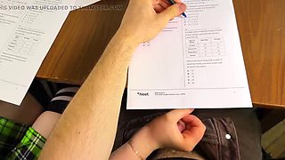 Schoolgirl Helps Big Cock Under Desk During Exam for Right Answers – Handjob Cumshot