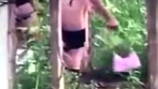 Spying blonde hooker fucking in the woods