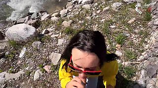AnGelya G and Russian Tourist Wife Suck Big Cock Outdoors on Hike Swallowing Cum