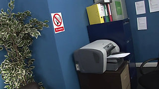 Whore secretary rides cock in office