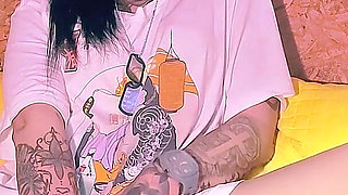 Tattooed Gothic Babe Blowjob and Handjob Tease with Triple Face Finish