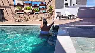 stepMom seduced her stepson in a public pool & blowjob