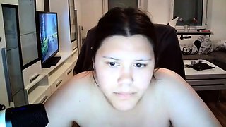 Brunette squeezes her big boobs with perky nipples and moans