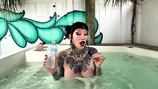 Busty curly brunette with big boobs fucks on couch