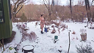 MY Mommy Shovels Snow with Her BIG Tits Swinging and Juicy Ass Out on a Snowy Day