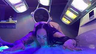 Squirting All Over the Tanning Bes