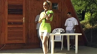 Blonde Sucks and Rides Two Cocks Outdoors