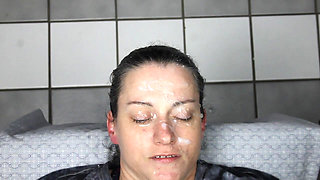 Eyes plastered shut with 2 big loads of cum