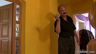 Horny old granpa licks and fucks her young pussy