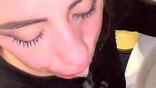 Toilet pee fun sloppy teen blowjob