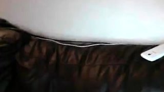 Busty curly brunette with big boobs fucks on couch