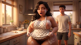 Curvy Latina bakes naked under tiny apron while her young stepson watches every move (AI generated)