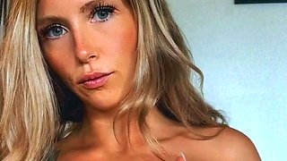Non stop blonde with big boobs cock jerks off on the bed