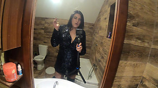 Smoking Pee Play in Shiny Outfit. Bathroom Fetish and Messy Wet Fun