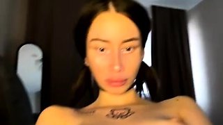 Small titted brunette teen fingering on the bed