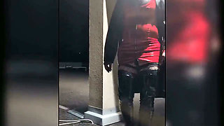 Walk in Parking House, Blonde in Overknee Boots, Red Pvc Dress and Long Leather Coat