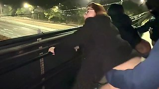Overpass foursome sex in the night time ends with cum on bare asses
