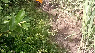 Desi Friend's Wife Holding and Squeezing Breasts in Guava Plantation