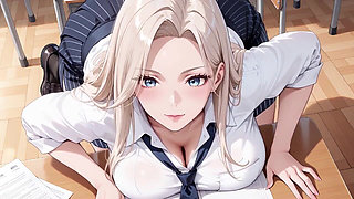 Blonde Teacher! the Fatal Seduction Under an Open White Shirt, Lazily Leaning on the Classroom Desk