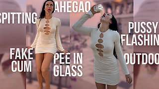 Outdoor Pussy Flashing, Pee in the Glass, Spit, Ahegao, Fake Cum on My Tits & Body