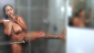 Brunette Big Tits Touches in the Bathroom After Gym