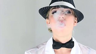 A platinum-blonde gal in a white shirt with striptease