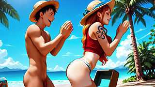 Nami Fucked Hard by Luffy and Zoro - Threesome on the Beach One Piece Uncensored Hentai