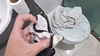 I went to the bathroom and found my sister-in-law's used panties and came on them!