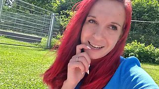 German redhead Malou-Nu gives best outdoor blowjob at pool for a hot deal