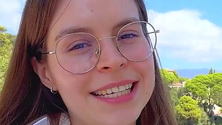Sexy German dark-haired babe with meaty funbags drains her