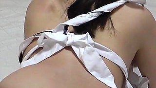 Nude Miniskirt Maid Apron Costume, Long Legs, Wedgie Thong Panties, Knee-high Stockings, Cute Japanese Sexy Fitness in Apartment