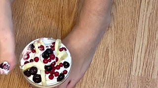 Playing with a fruit bowl and a whipped cream with ma feet