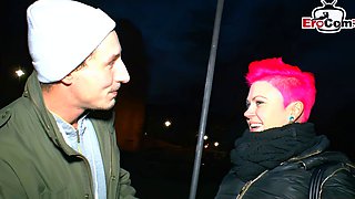 German wife with short pink hair fucked by the street