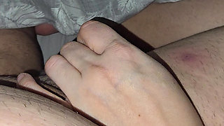 Stepmom hand slowly slip from stepson leg on his dick gave him a handjob