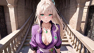 Purple Kimono Warrior! Forbidden Teasing in the Japanese Dojo. Kneeling with a Lifting Her Hem to Reveal Secrets.