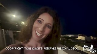 French amateur slut Misschaudexxx gets public outdoor blowjob bar bukkake with big natural tits and deep throat