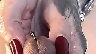 MILF Penetrates Pierced Cock with Her Long Nails, Handjob BDSM Femdom